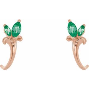 14K Rose Gold Lab-Grown Emerald Floral J-Hoop Earrings – image 2