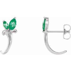 14K White Gold Lab-Grown Emerald Floral J-Hoop Earrings