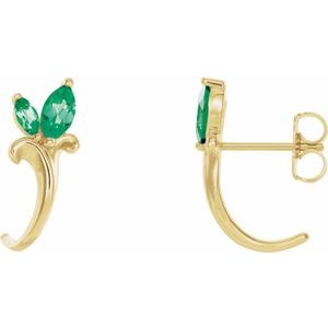 14K Yellow Gold Lab-Grown Emerald Floral J-Hoop Earrings