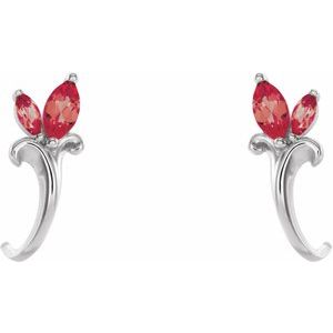 14K White Gold Natural Ruby Floral J-Hoop Earrings – image 2