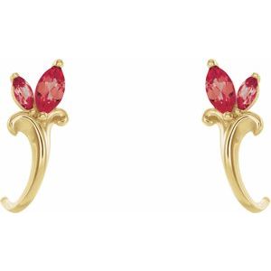14K Yellow Gold Lab-Grown Ruby Floral J-Hoop Earrings – image 2