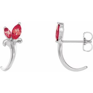 14K White Gold Natural Ruby Floral J-Hoop Earrings