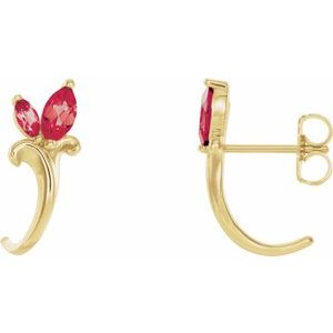 14K Yellow Gold Lab-Grown Ruby Floral J-Hoop Earrings