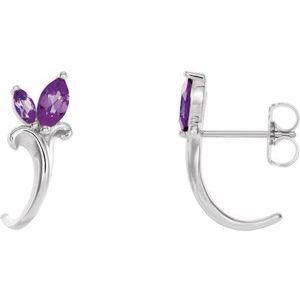 Sterling Silver Natural Amethyst Floral J-Hoop Earrings