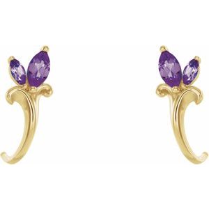 14K Yellow Gold Natural Amethyst Floral J-Hoop Earrings – image 2