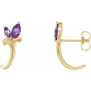 14K Yellow Gold Natural Amethyst Floral J-Hoop Earrings