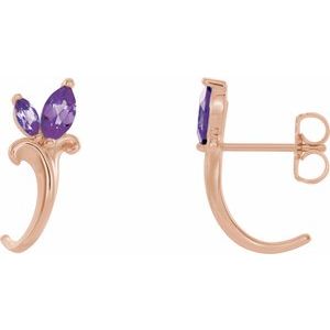 14K Rose Gold Natural Amethyst Floral J-Hoop Earrings