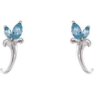 14K White Gold Natural Aquamarine Floral J-Hoop Earrings – image 2