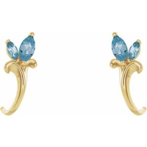 14K Yellow Gold Natural Aquamarine Floral J-Hoop Earrings