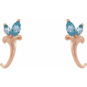 14K Rose Gold Natural Aquamarine Floral J-Hoop Earrings – image 2