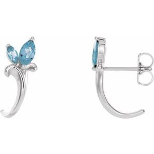 14K White Gold Natural Aquamarine Floral J-Hoop Earrings