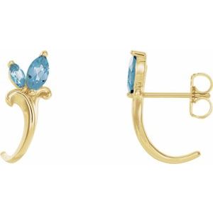 14K Yellow Gold Natural Aquamarine Floral J-Hoop Earrings