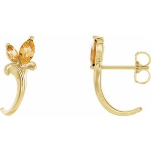 14K Yellow Gold Natural Citrine Floral J-Hoop Earrings