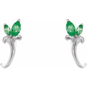 Platinum Natural Emerald Floral J-Hoop Earrings