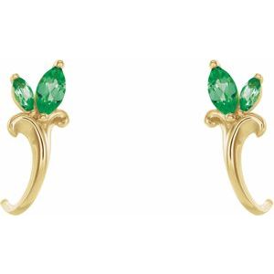 14K Yellow Gold Natural Emerald Floral J-Hoop Earrings