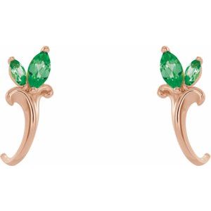 14K Rose Gold Natural Emerald Floral J-Hoop Earrings