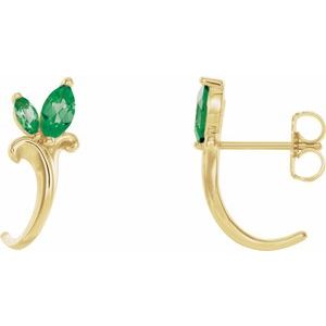14K Yellow Gold Natural Emerald Floral J-Hoop Earrings