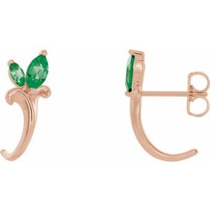 14K Rose Gold Natural Emerald Floral J-Hoop Earrings
