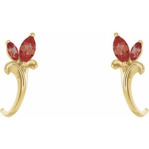 14K Yellow Gold Natural Mozambique Garnet Floral J-Hoop Earrings – image 2