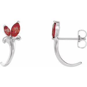 14K White Gold Natural Mozambique Garnet Floral J-Hoop Earrings