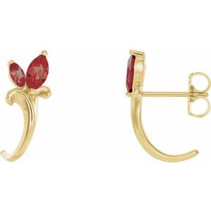 14K Yellow Gold Natural Mozambique Garnet Floral J-Hoop Earrings