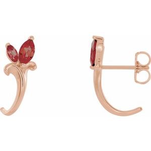 14K Rose Gold Natural Mozambique Garnet Floral J-Hoop Earrings