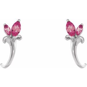 Sterling Silver Natural Pink Tourmaline Floral J-Hoop Earrings – image 2