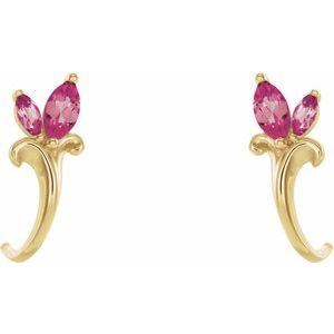 14K Yellow Gold Natural Pink Tourmaline Floral J-Hoop Earrings