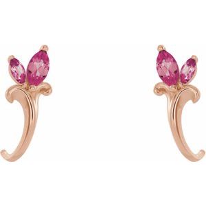 14K Rose Gold Natural Pink Tourmaline Floral J-Hoop Earrings – image 2