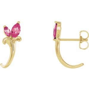14K Yellow Gold Natural Pink Tourmaline Floral J-Hoop Earrings