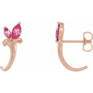 14K Rose Gold Natural Pink Tourmaline Floral J-Hoop Earrings