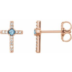 14K Rose Gold Natural Aquamarine & .05 CTW Natural Diamond Cross Earrings