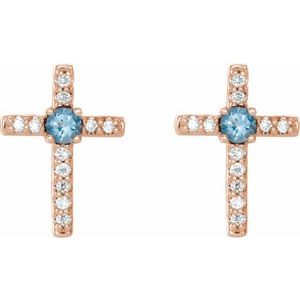 14K Rose Gold Natural Aquamarine & .05 CTW Natural Diamond Cross Earrings – image 2