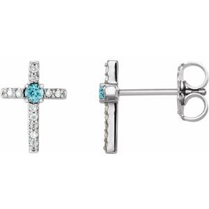 14K White Gold Natural Blue Zircon & .05 CTW Natural Diamond Cross Earrings