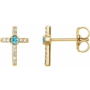 14K Yellow Gold Natural Blue Zircon & .05 CTW Natural Diamond Cross Earrings