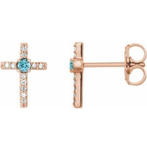 14K Rose Gold Natural Blue Zircon & .05 CTW Natural Diamond Cross Earrings