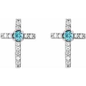14K White Gold Natural Blue Zircon & .05 CTW Natural Diamond Cross Earrings – image 2
