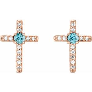 14K Rose Gold Natural Blue Zircon & .05 CTW Natural Diamond Cross Earrings – image 2
