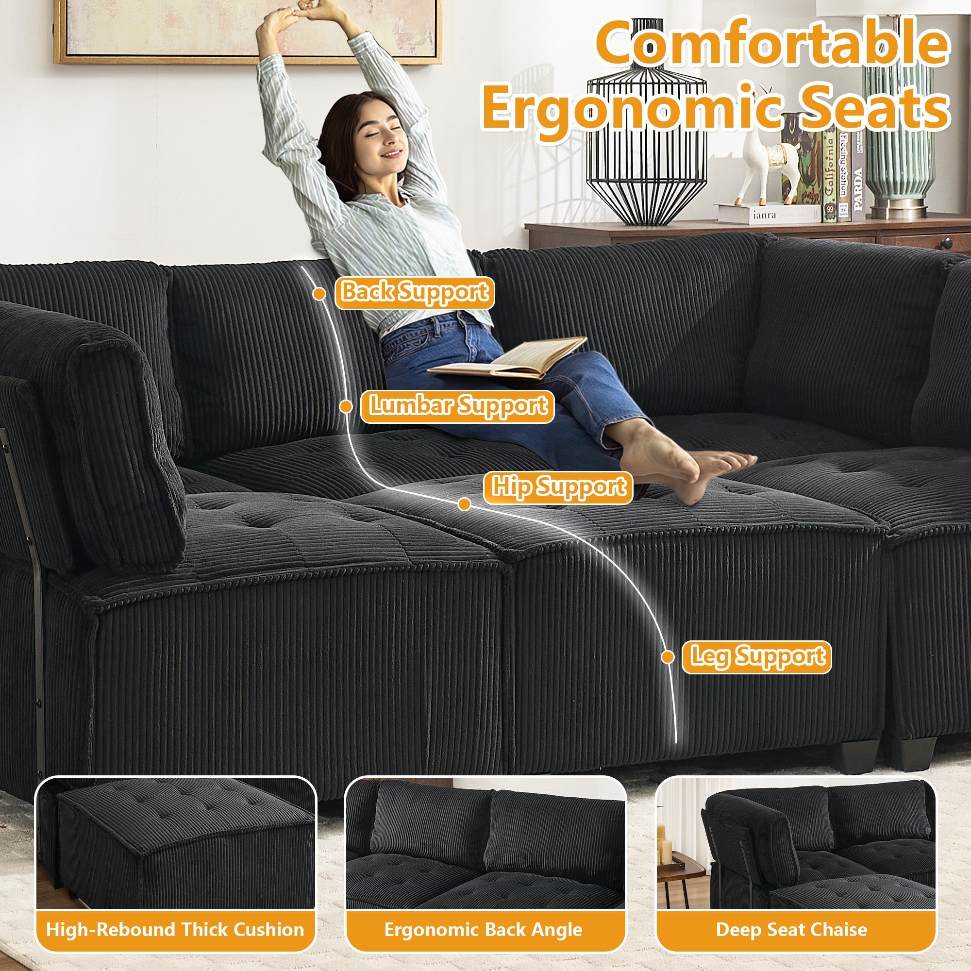 UNITED WE WIN Modular Sectional Sofa U Shaped Modular Couch with Reversible Chaise Modular Sofa Sectional Couch,6- Seat Convertible Sofa,Fit for Living Room
