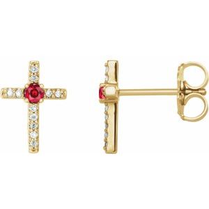 14K Yellow Gold Natural Ruby & .05 CTW Natural Diamond Cross Earrings