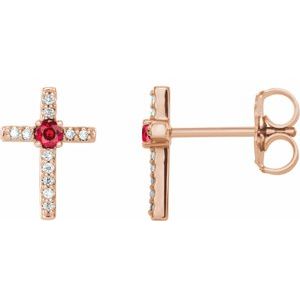 14K Rose Gold Lab-Grown Ruby & .05 CTW Natural Diamond Cross Earrings
