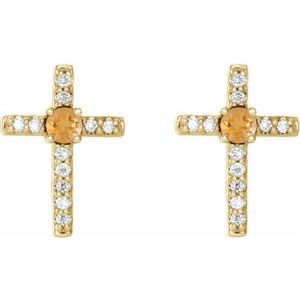 14K Yellow Gold Natural Citrine & .05 CTW Natural Diamond Cross Earrings – image 2