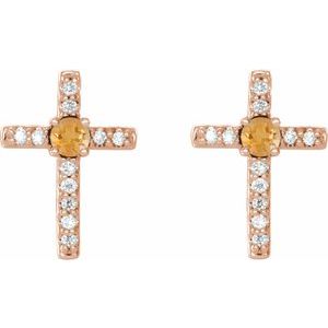 14K Rose Gold Natural Citrine & .05 CTW Natural Diamond Cross Earrings