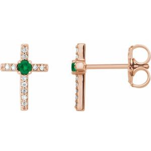 14K Rose Gold Natural Emerald & .05 CTW Natural Diamond Cross Earrings