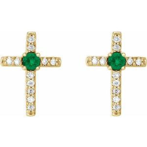 14K Yellow Gold Lab-Grown Emerald & .05 CTW Natural Diamond Cross Earrings