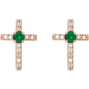 14K Rose Gold Lab-Grown Emerald & .05 CTW Natural Diamond Cross Earrings – image 2