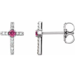 Sterling Silver Natural Pink Tourmaline & .05 CTW Natural Diamond Cross Earrings