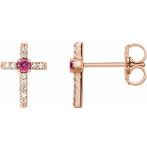 14K Rose Gold Natural Pink Tourmaline & .05 CTW Natural Diamond Cross Earrings