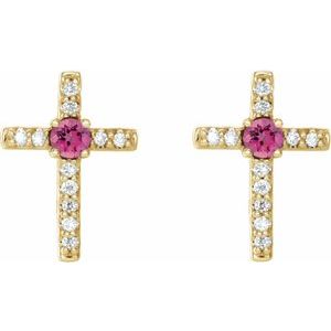 14K Yellow Gold Natural Pink Tourmaline & .05 CTW Natural Diamond Cross Earrings