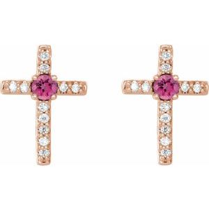 14K Rose Gold Natural Pink Tourmaline & .05 CTW Natural Diamond Cross Earrings – image 2